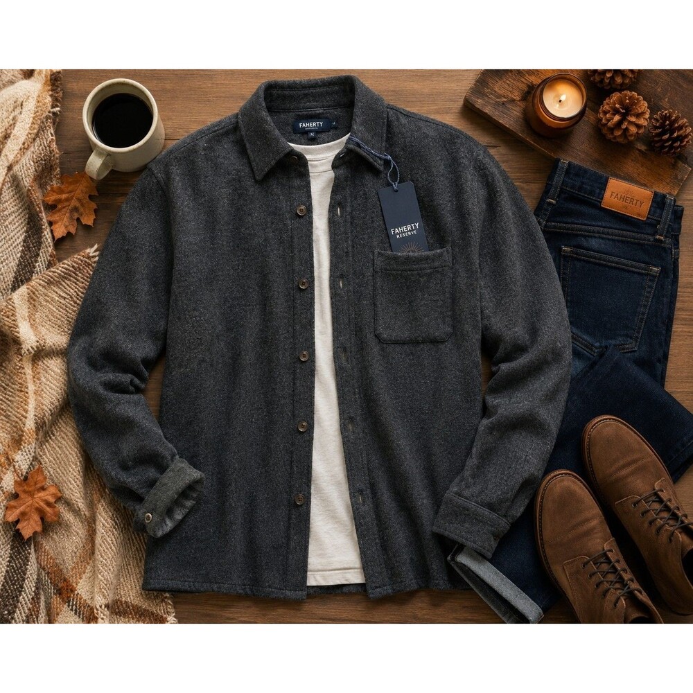 Faherty Reserve Wool Cashmere Sweater Overshirt Men's L Charcoal NWT $398